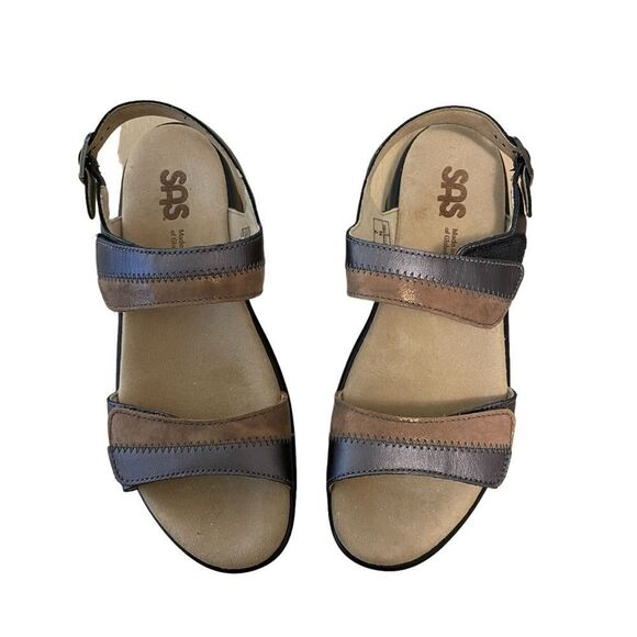 SAS Ankle Strap Sandals Nudu Sandal Pewter Leather Size 7N New - Picture 1 of 5